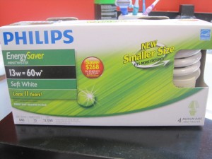 box of 4 Philips 13w soft white CFLs