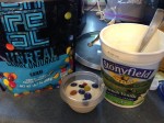 Unreal chocolate, reusable cup of yogurt, & container of Stonyfield organic yogurt
