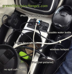 tangle of charging cables in a car